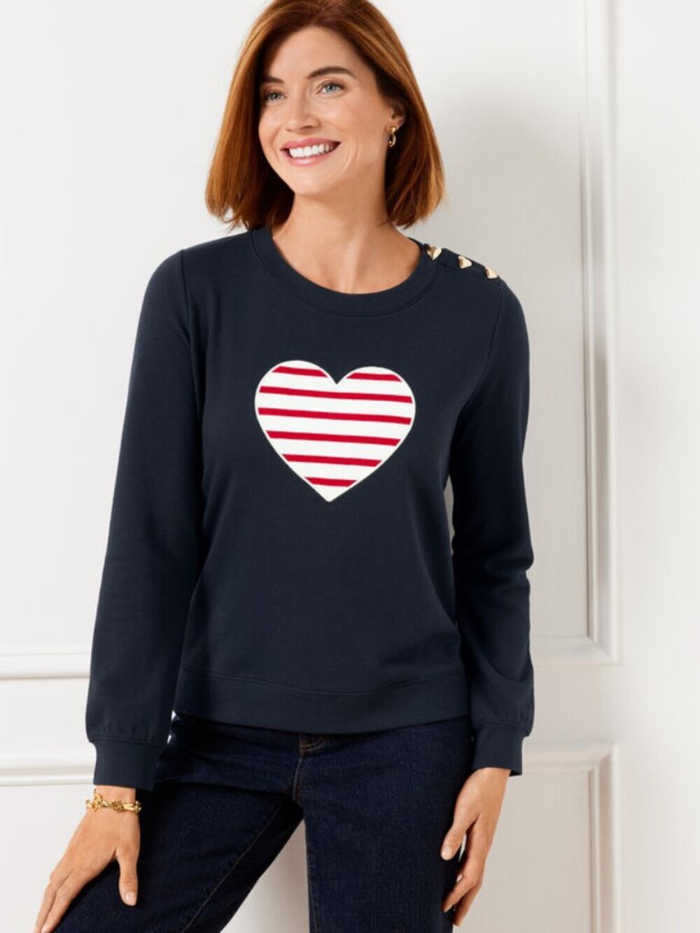 Talbots Crewneck Heart Lightweight Sweatshirt Gold Buttons Size XS Oversized